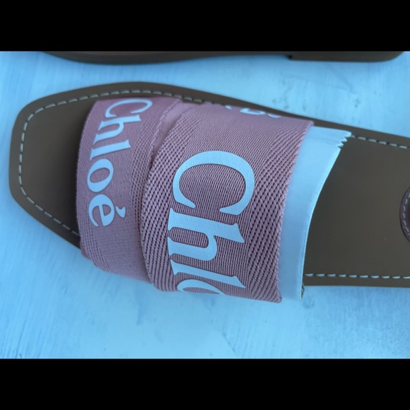 ❌SOLD❌Chloe Woody Logo Print Canvas Slides Sandals Slippers Pink White - Picture 7 of 10